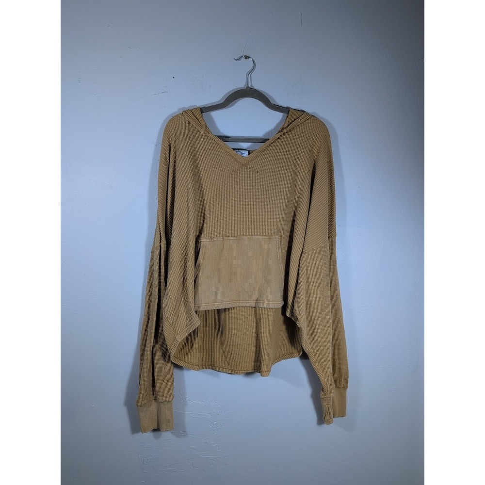 Aerie Women's XL Mustard Yellow Waffle Knit Hoodie Fall Basic